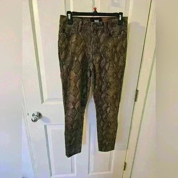 PAIGE HOXTON ULTRA SKINNY COATED LEATHER LIKE BROWN SNAKE JEANS SIZE 27 - Picture 1 of 5